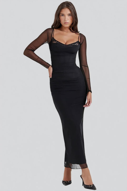 SARA™ | Vestido negro largo con mangas transparentes