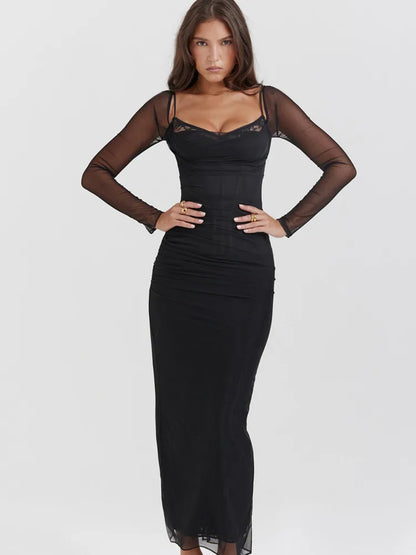 SARA™ | Vestido negro largo con mangas transparentes