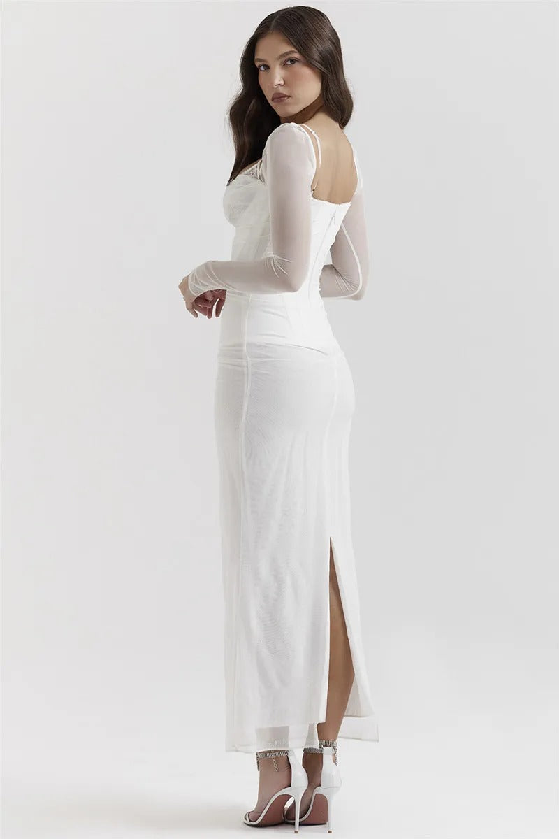 SARA™ | Vestido negro largo con mangas transparentes