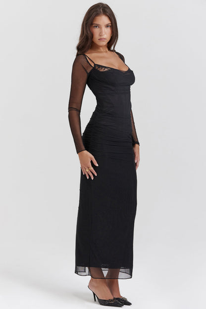 SARA™ | Vestido negro largo con mangas transparentes