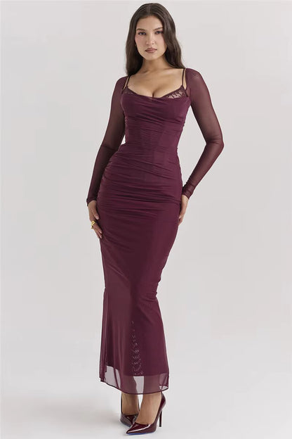 SARA™ | Vestido negro largo con mangas transparentes