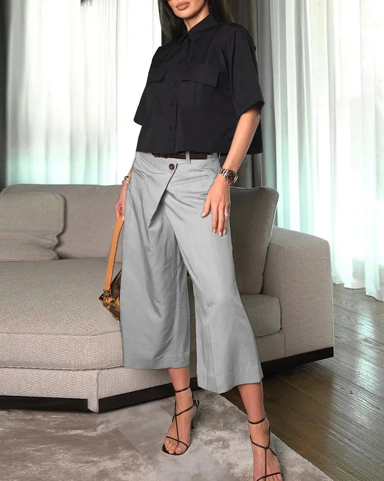 LOURDES™ | Conjunto con top de solapa y pantalón cropped