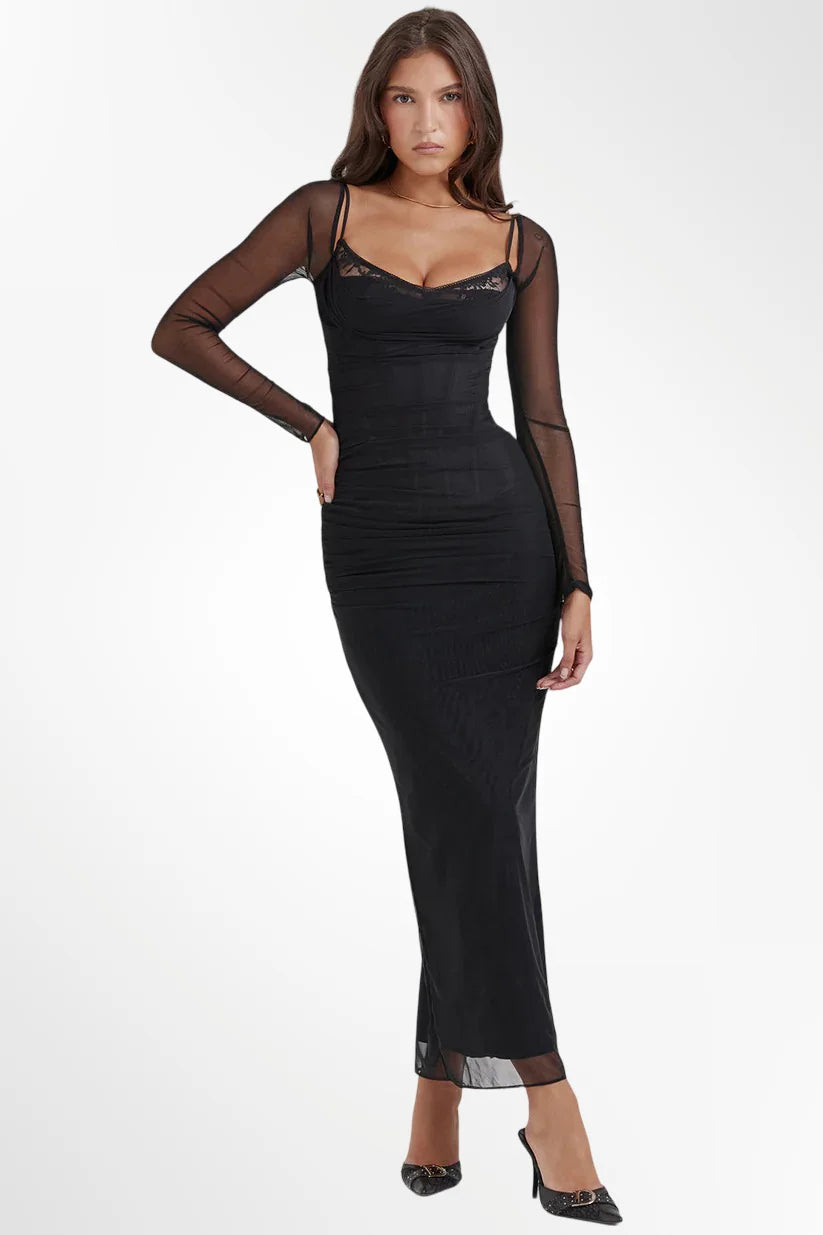 SARA™ | Vestido negro largo con mangas transparentes